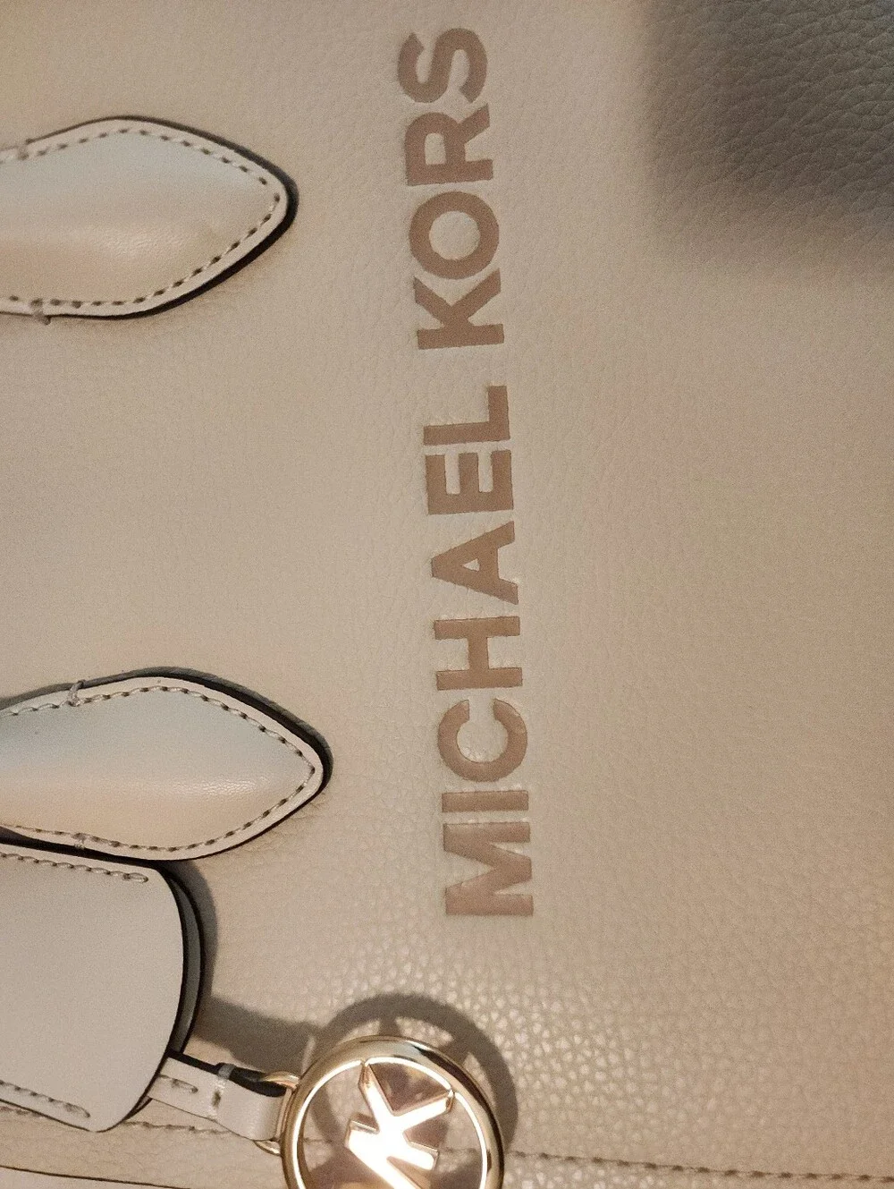Michael Kors Cream Leather Logo Satchel with Gold Logo Charm Structured New